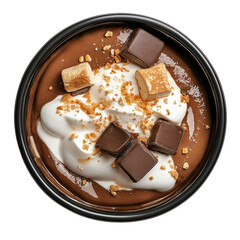 Extreme top view of hyper realistic s'mores chocolate pudding in a dark ceramic bowl top view isolated on transparent white background, clipping path