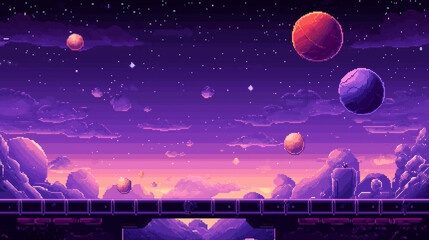 A Cosmic Pixel Art Space Nebula with floating asteroids and glowing stars, vibrant purple and blue hues, Space Pixel Art Background, space and planet pixel art, Pixel Art 80s game style background