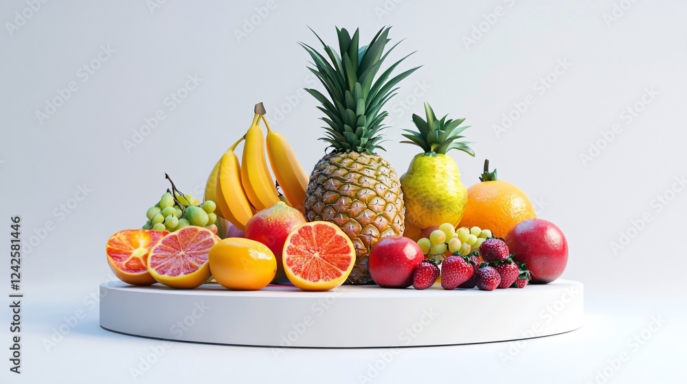 Poster ripe colorful fruits are lying on a white podium, creating a visual feast on a minimalist background