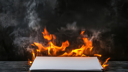 Close up of flames creating dramatic effect on burning paper, showcasing intensity and movement of fire against dark background. scene evokes sense of urgency and transformation