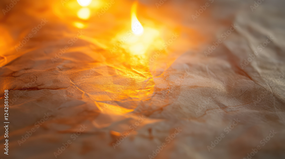 Poster close up of flames licking surface of crumpled paper, creating warm glow and intricate patterns. int