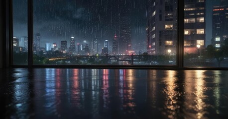 Vibrant city lights reflected on rain-covered window at night, nightlife, colorful, dusk