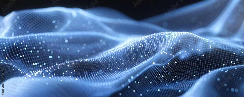 Poster Blue abstract digital wave with flowing particles and network connection, big data visualization, futuristic background