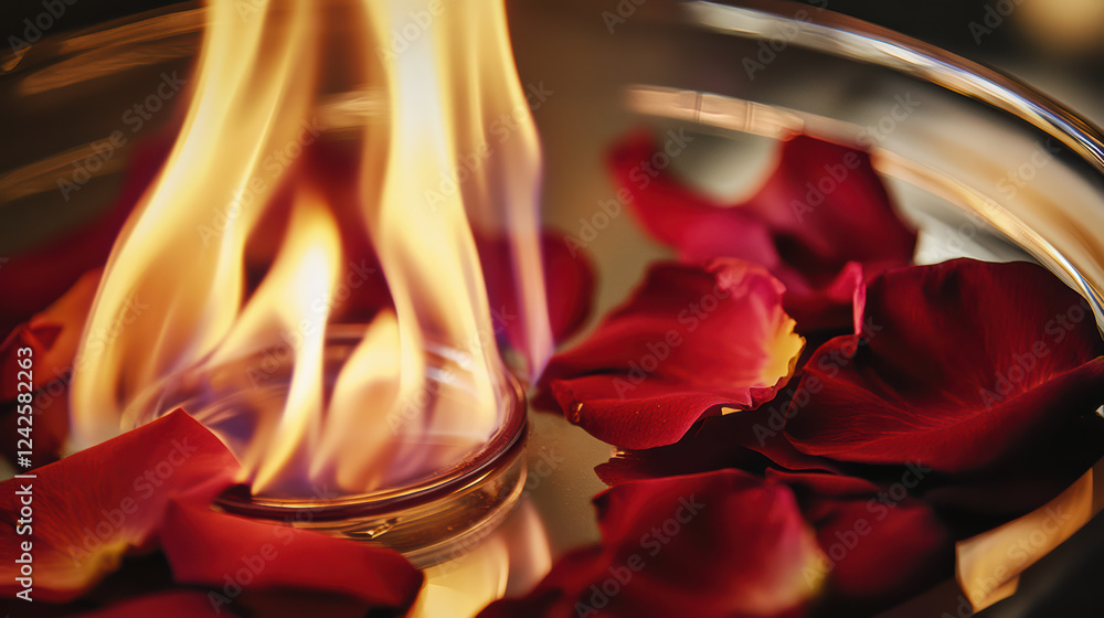 Poster intimate close up of flame surrounded by rose petals in romantic setting, creating warm and inviting