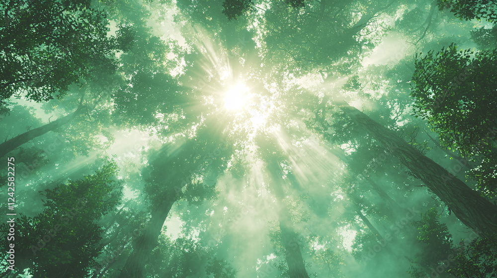 Aufkleber sunlight filtering through dense green tree canopy with rays illuminating misty forest atmosphere an