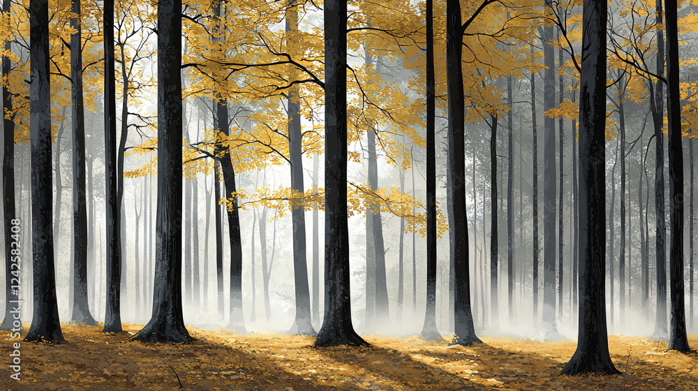 Poster sunlight filtering through misty autumn forest with tall trees displaying golden leaves and a serene