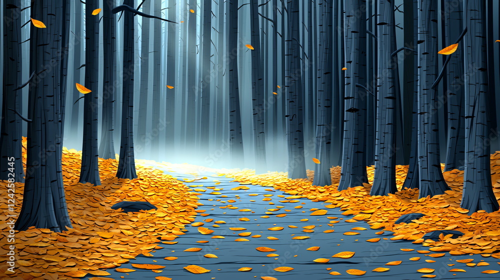 Poster golden leaves scattered along a misty forest path surrounded by dark trees creating a serene and tra
