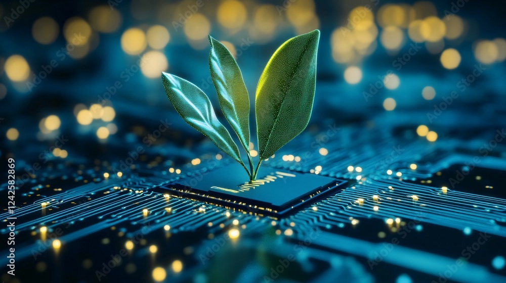 Poster green technology concept: computer processor chip on a motherboard with a plant growing from it