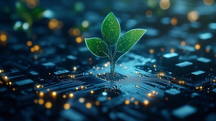Futuristic computer motherboard with a green plant growing, representing innovation and technological progress