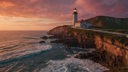 Naklejka premium Lighthouse Sunset Coastal Cliffs Dramatic Seascape