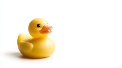 Fototapeta premium Yellow rubber ducky isolated on white background, playful bath toy, copy space for text, children's product photography