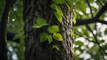 Obraz premium Sunlight Dappled Tree Bark with Climbing Vine