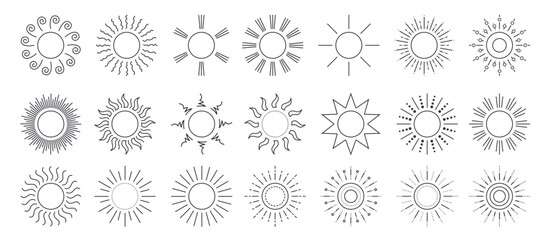 Sun outline drawing clipart set. Sun icon and symbol hand drawn in black art lines clip art graphic elements with variety of sunrays collection vector illustration. 
