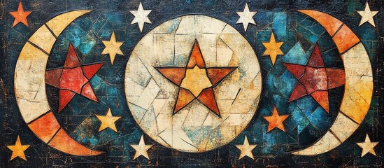 Abstract mural featuring stars and moons in vibrant colors, set against a textured background