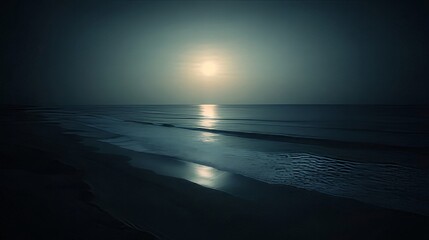 Obraz premium Serene Moonlight Beachscape Dark Ocean Waves and Sandy Shore