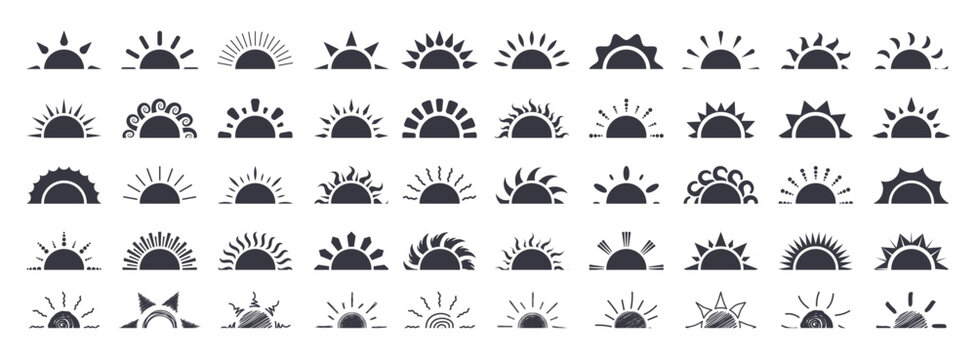 Half sun silhouette icon clipart set. Sun logo and symbol drawing clip art in horizon sunset and sunrise graphic elements collection vector illustration. 
