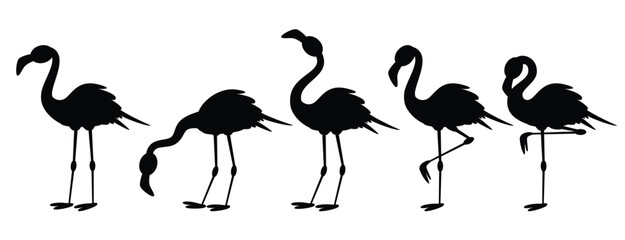 Obraz premium Flamingo silhouette clipart set. Flamingo black silhouette summer tropical bird icon clip art collection in white background. 