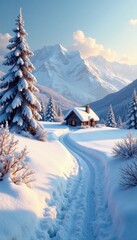 Snowy landscape with a cozy cottage in the distance, open, distant