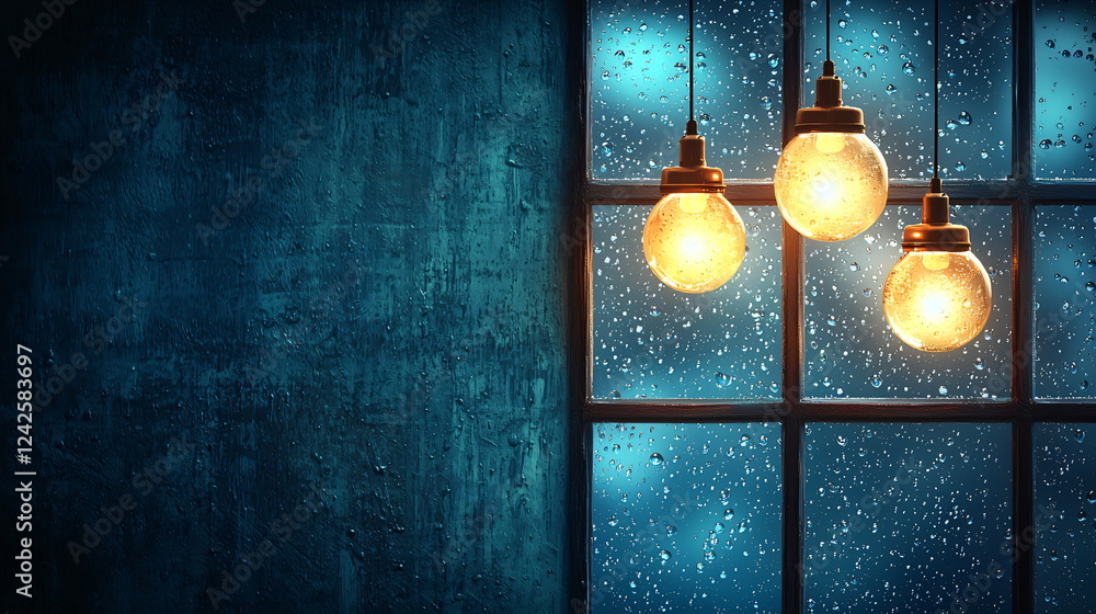 Poster glowing light bulbs hanging in front of a wet window showcasing raindrops against a vibrant blue bac