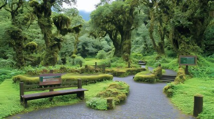 Fototapeta premium Serene Mossy Forest Path with Bench and Signage