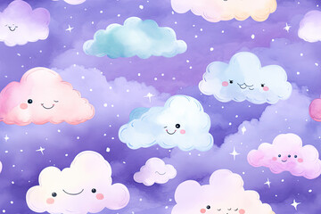 Whimsical Pastel Clouds Watercolor Seamless Pattern