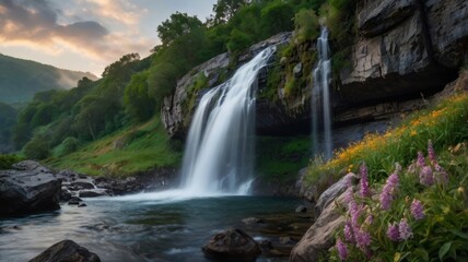 Obraz premium Serene Waterfall Cascading at Sunrise in Lush Mountain Valley