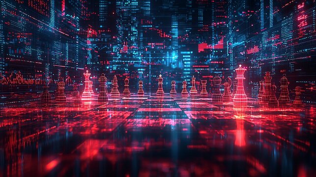 Futuristic digital chess game with glowing pieces set in a high-tech neon cityscape background