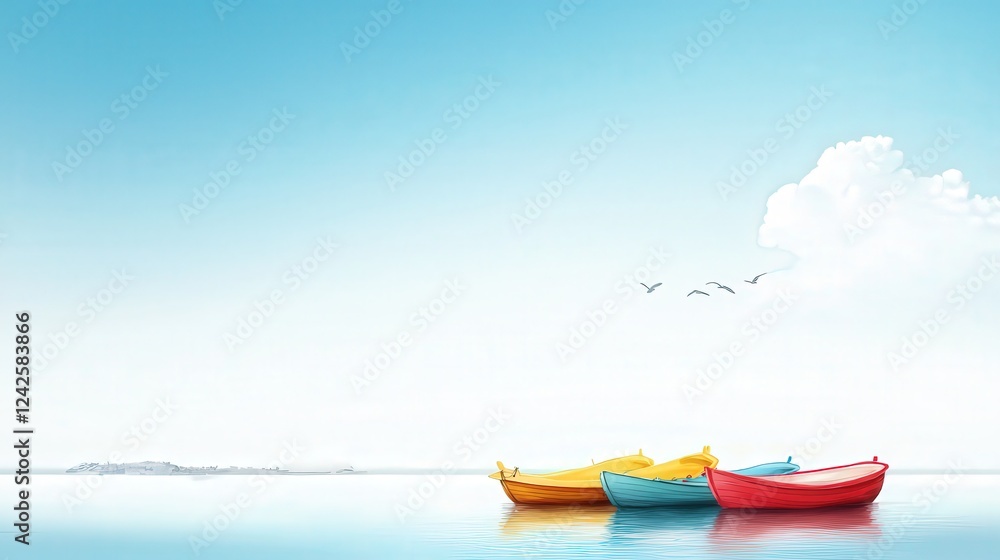 Wall mural Colorful Boats on Calm Water with Clear Sky