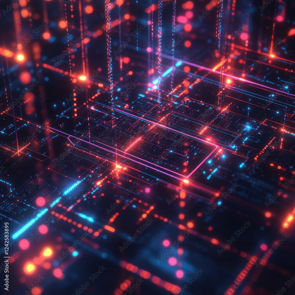 Poster futuristic circuitry grid glowing with red and blue light, abstract background for tech or scientifi