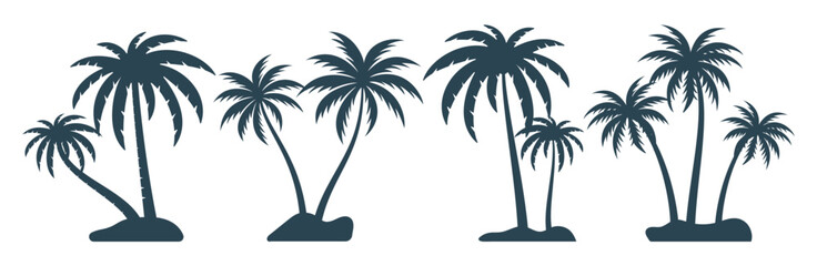 Palm trees silhouette clipart set. Coconut tropical tree drawing clip art icon in black hand drawn elements collection vector illustration.  
