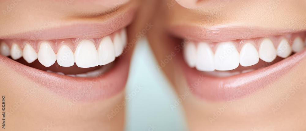 Wall mural Close up of two smiling individuals showcasing bright, white teeth, highlighting dental health and confidence. Their joyful expressions reflect happiness and well being