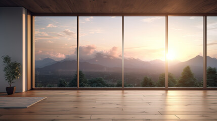Naklejka premium Serene Sunset Mountain View from Modern Room with Large Window