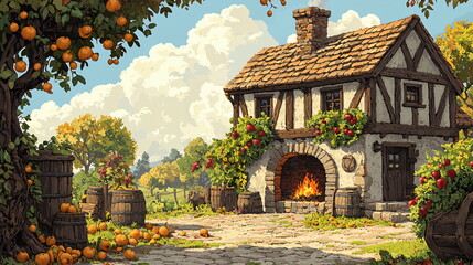 Fototapeta premium Charming cottage surrounded by vibrant orchards, barrels filled with fresh fruit, and a warm fire glowing in the hearth under a clear blue sky.