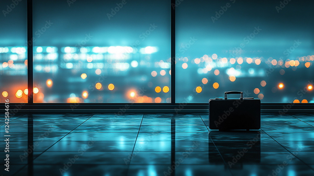 Poster dark suitcase resting on polished floor with vibrant city lights glowing in the background, creating