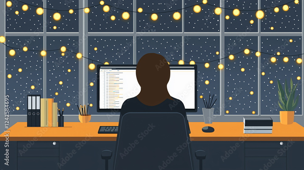 Poster cozy workspace with a computer monitor, surrounded by starry night backdrop and glowing string light