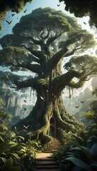 A breathtaking view of a dense jungle with a massive ancient tree in the center