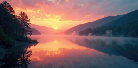 A misty lake scene at sunset with trees and hills surrounding it, natural scenery, sunset glow, nature