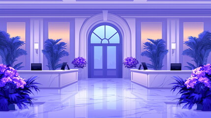Elegant hotel lobby with purple hues, large glass doors, and tropical plants creating a serene ambiance, ideal for relaxation and leisure in a luxurious setting.