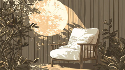 Cozy armchair surrounded by lush greenery and shadows, illuminated by warm sunlight creating a serene outdoor atmosphere perfect for relaxation.
