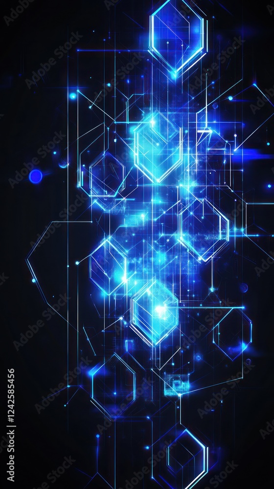 Poster abstract glowing hexagons linked with lines on black, suitable for tech and science backgrounds