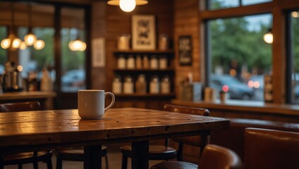 A rustic wooden table in sharp focus, set against a gently blurred coffee shop scene filled with warm tones