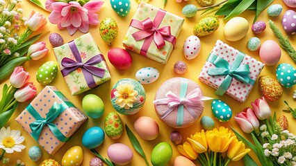 Easter Eggs, Flowers & Gifts: Colorful Spring Festive Top View Macro Photography