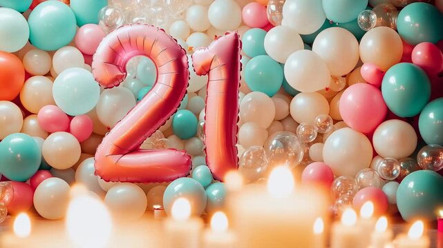 Celebrating Milestone Moments: A Vibrant and Festive 21st Birthday Celebration with Colorful Balloons and Soft Candlelight Ambiance