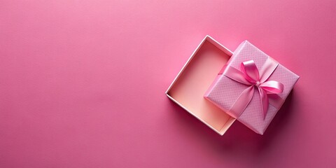 Empty Pink Gift Box Top View, Congratulations Flat Lay, Pink Background, Copy Space