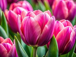 Fototapeta premium Delicate pink tulip buds unfurl, a macro close-up revealing spring's vibrant detail.
