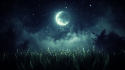 Fototapeta premium Serene Night Scene Full Moon Over Grassland and Palms