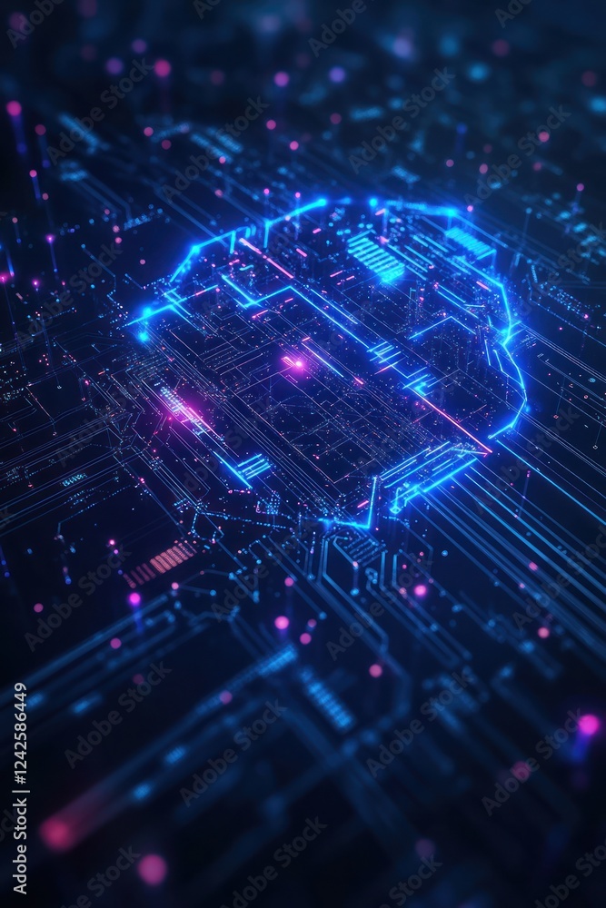 Poster glowing circuitry brain on dark background. illustration for intelligence computing