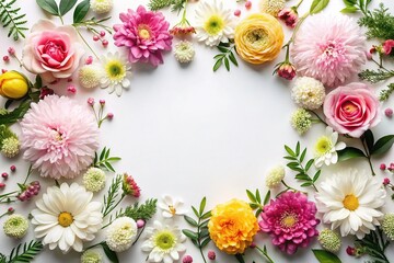 Fototapeta premium Festive Floral Flat Lay: Overhead View of Colorful Flowers on White Background