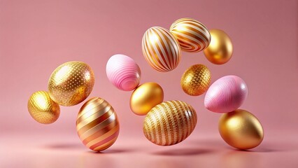 Fototapeta premium Flying Golden & Pink Easter Eggs: Minimalist Pink Background Easter Concept