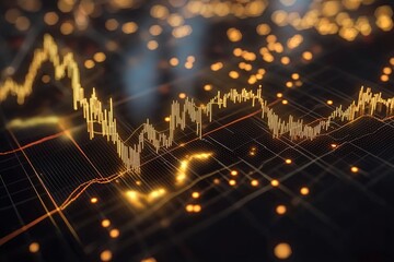 3D golden bullish stock market trend with glowing indicators